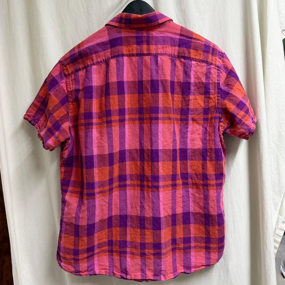 Banana Republic Mens Large Linen Cotton Plaid SS Button Down Shirt Preppy Pink